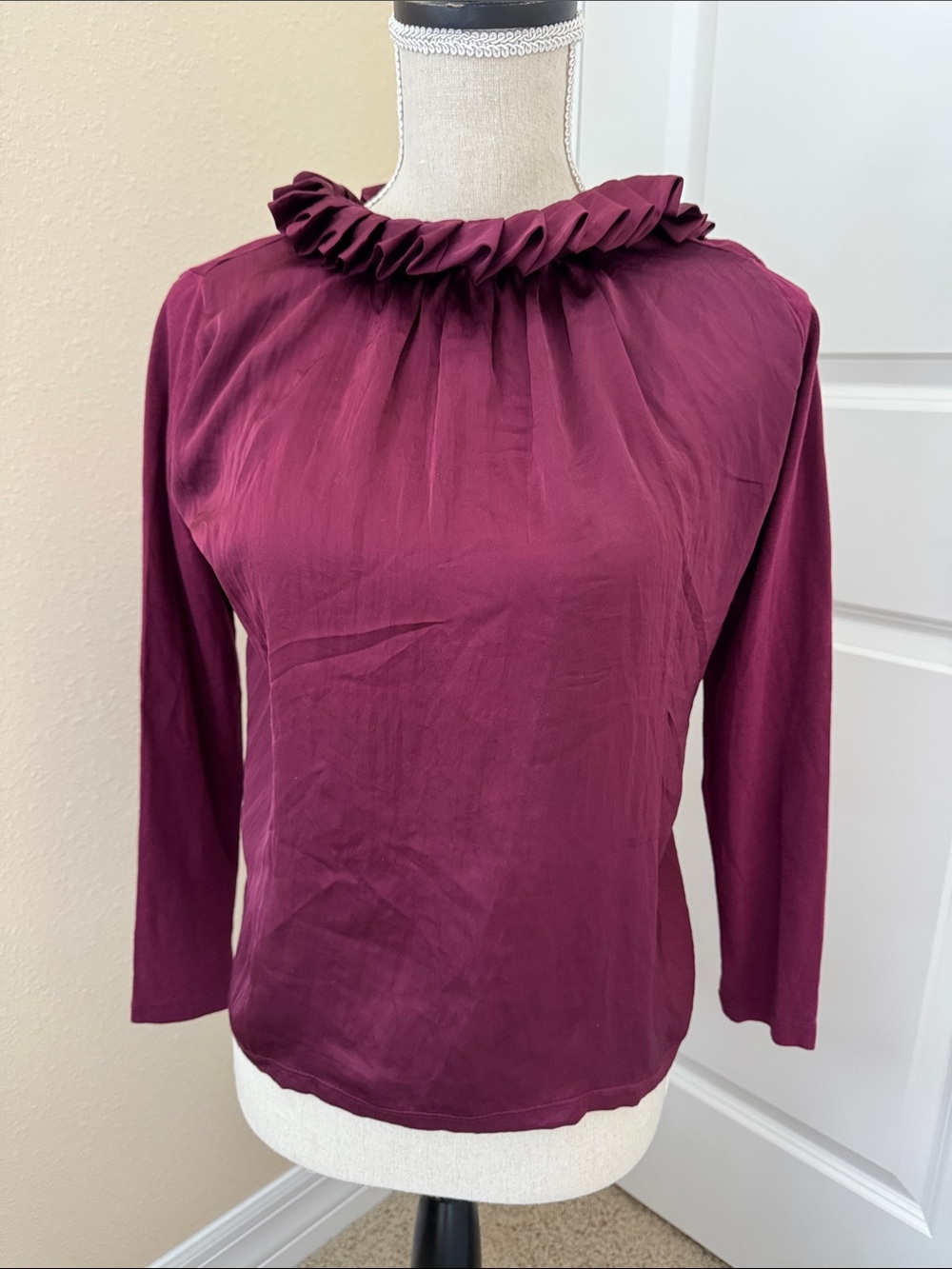Banana Republic Burgundy Ruffled Neck Long-Sleeve Blouse